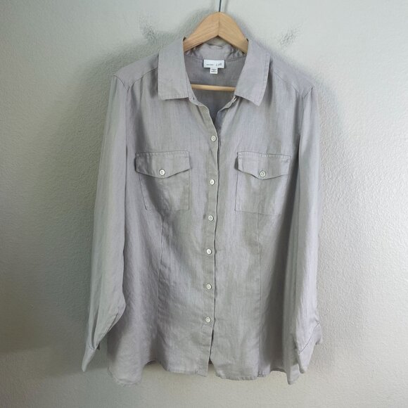 J Jill Womens Plus 1X Love Linen Button Up Shirt Gray Long Sleeve Top - Picture 7 of 9
